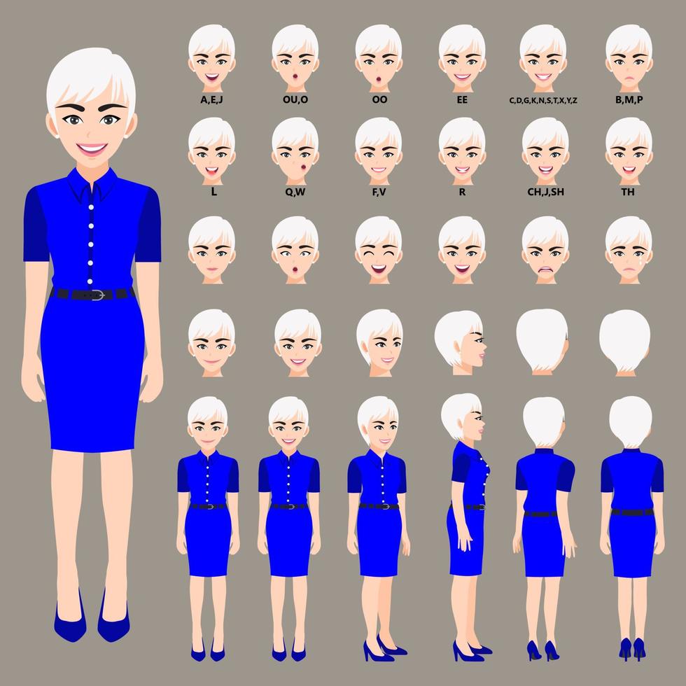 Cartoon character with business woman in beautiful dress for animation. Front, side, back, 3-4 view character. Separate parts of body. Flat vector illustration.