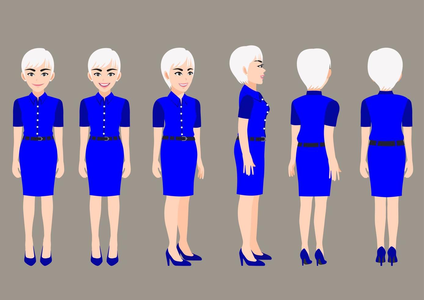 personaje de dibujos animados con mujer de negocios en hermoso vestido para animación. carácter de vista frontal, lateral, posterior, 3-4. ilustración vectorial plana. vector