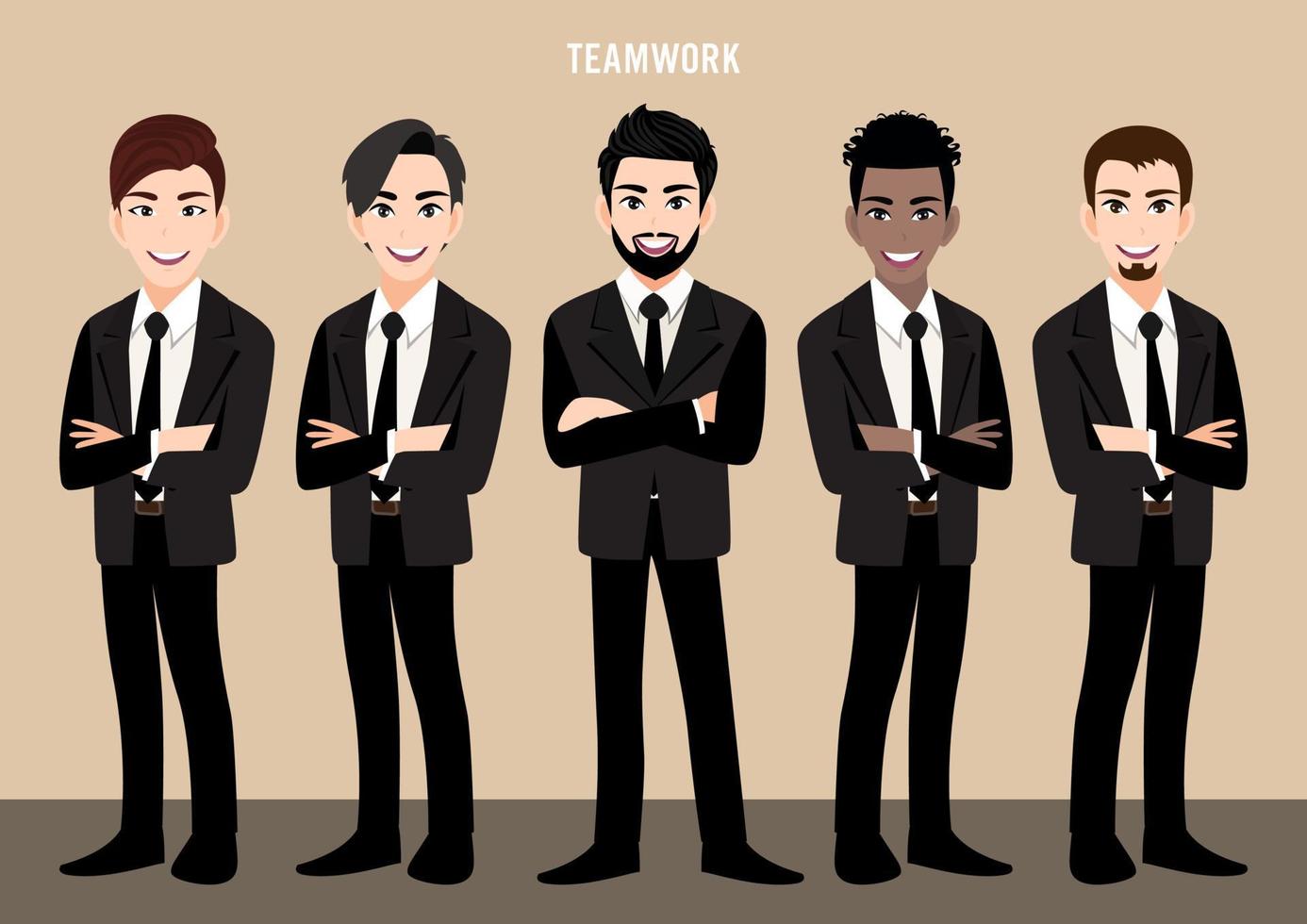 personaje de dibujos animados con equipo de negocios o concepto de liderazgo con hombres de negocios. ilustración vectorial en estilo de dibujos animados. vector