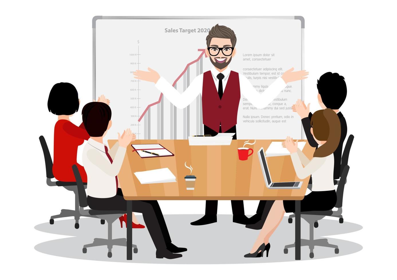 Cartoon character with the cheerful motivated male giving recommendations, presentation to office workers at the meeting. Concept of leadership flat icon vector