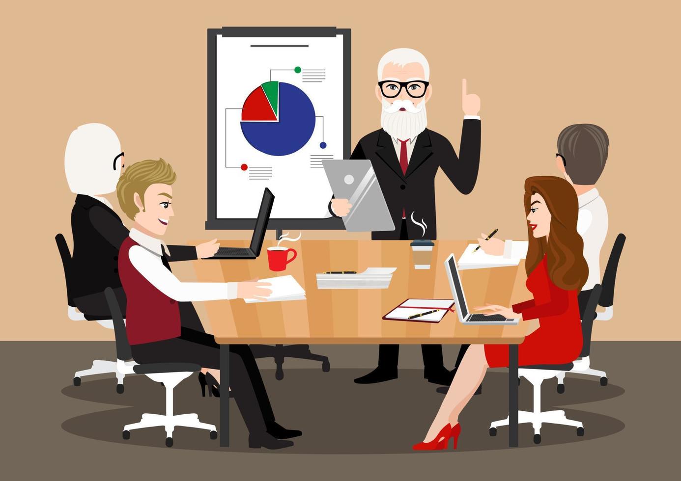 Cartoon character with business meeting. Flat people on presentation conference. Businessman at project strategy infographic. Team seminar vector concept vector