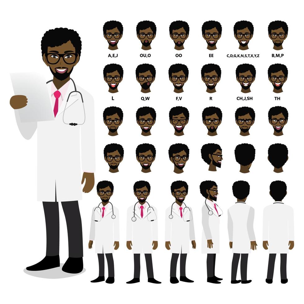 Cartoon character with African American professional doctor in smart uniform for animation. Front, side, back, 3-4 view character. Separate parts of body. Flat vector illustration.