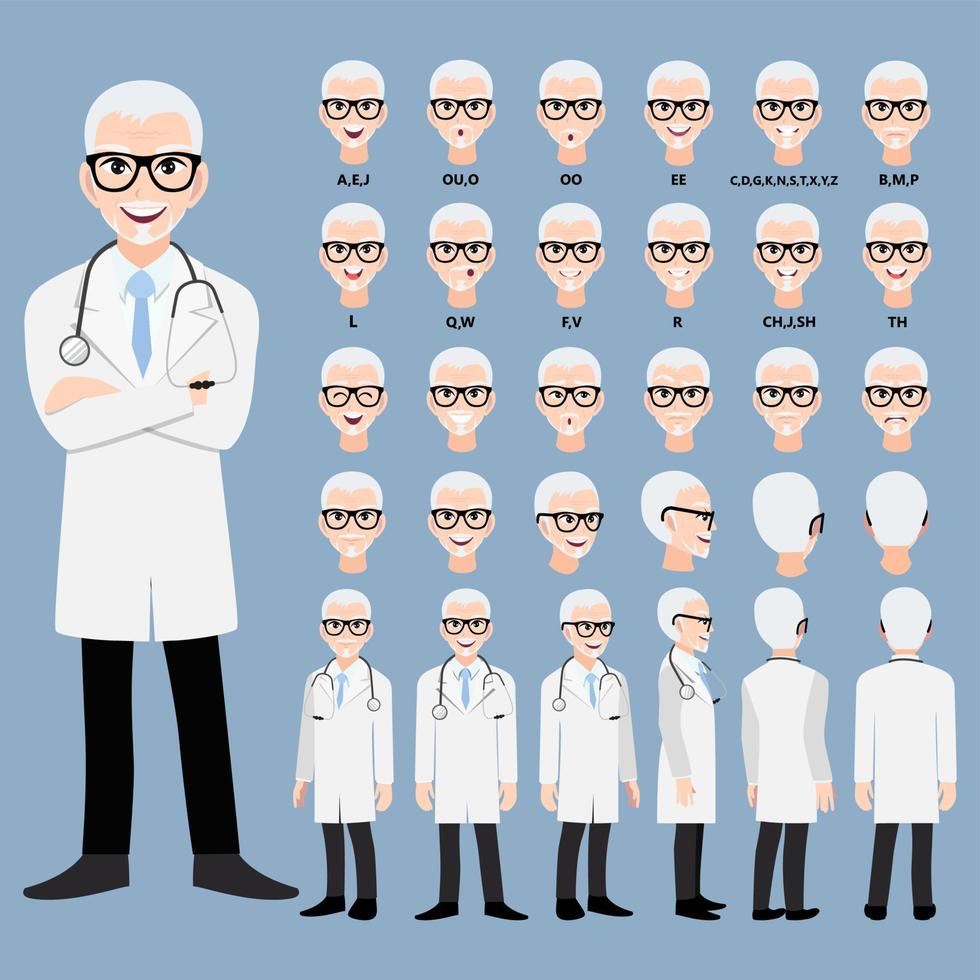 Cartoon character with professional doctor in smart uniform for animation. Front, side, back, 3-4 view character. Separate parts of body. Flat vector illustration.