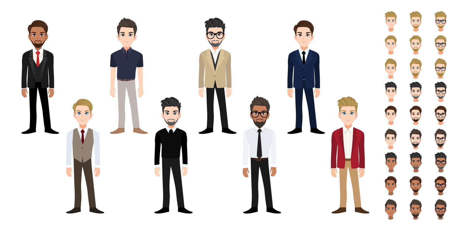 conjunto de cabeza de personaje de dibujos animados de hombre de negocios. guapo hombre de negocios en estilo de oficina sobre fondo blanco. ilustración vectorial plana vector