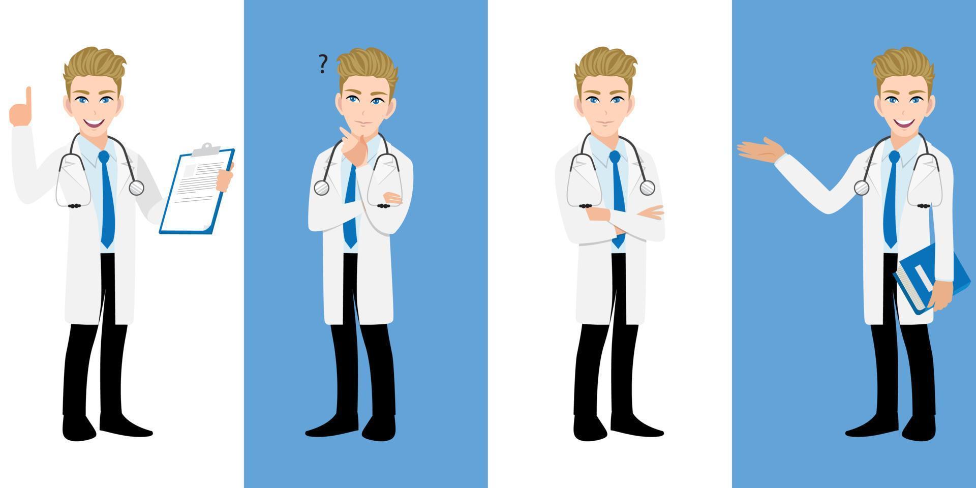 conjunto de personajes de dibujos animados de médicos masculinos, médico del mismo hombre en diferentes poses, trabajador médico o personal del hospital. médico icono plano de dibujos animados en un vector de fondo blanco y azul