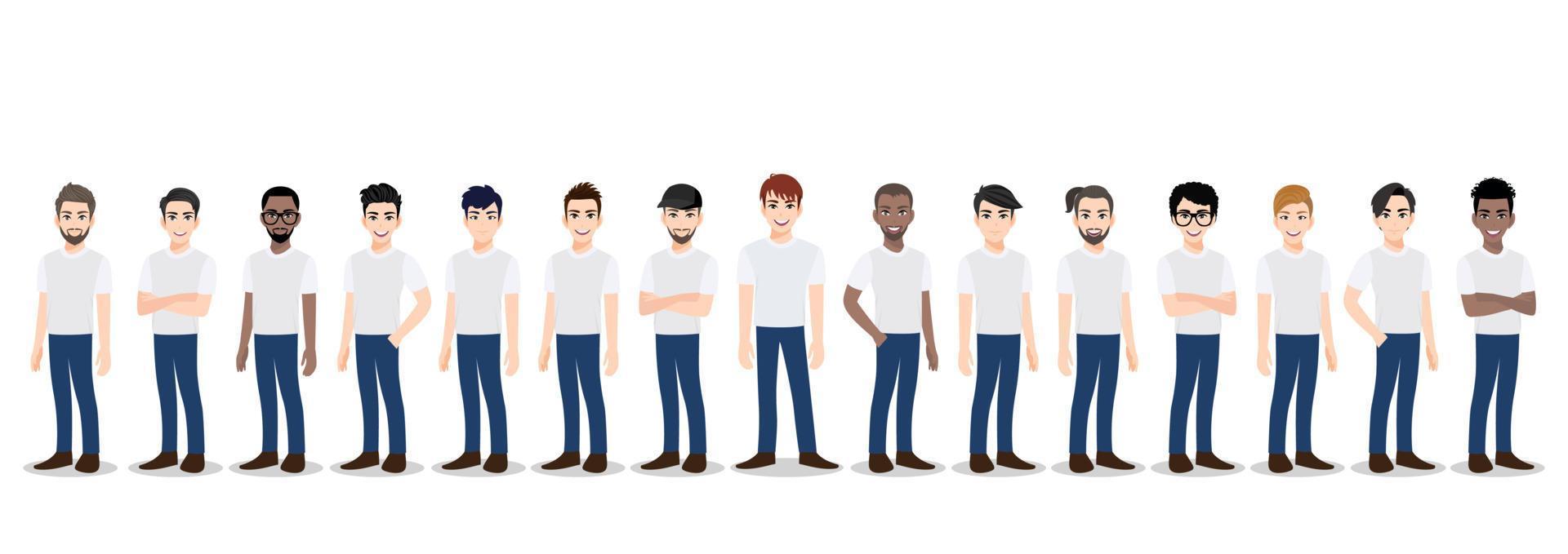 Cartoon character with the men team in T-shirt white and blue jean casual. Teamwork concept flat vector illustration.