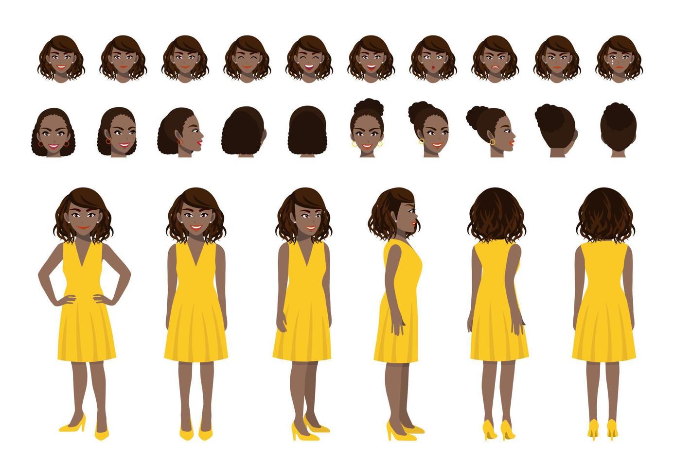 African American Businesswoman cartoon character head set and animation design. Front, side, back, 3-4 view animated character. Flat vector illustration.