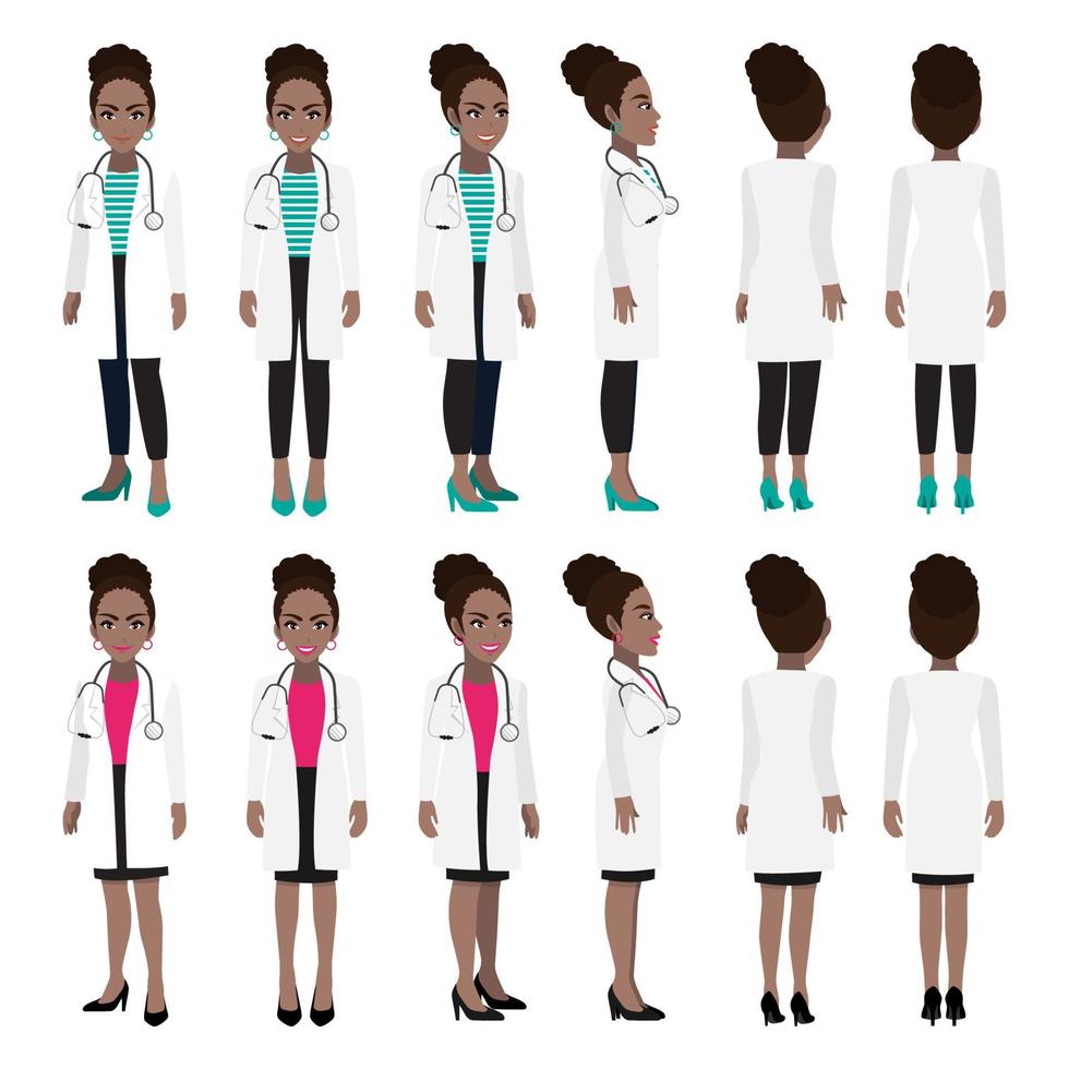 African American female doctor cartoon character. Front, side, back, 3-4 view animated character. Flat vector illustration.