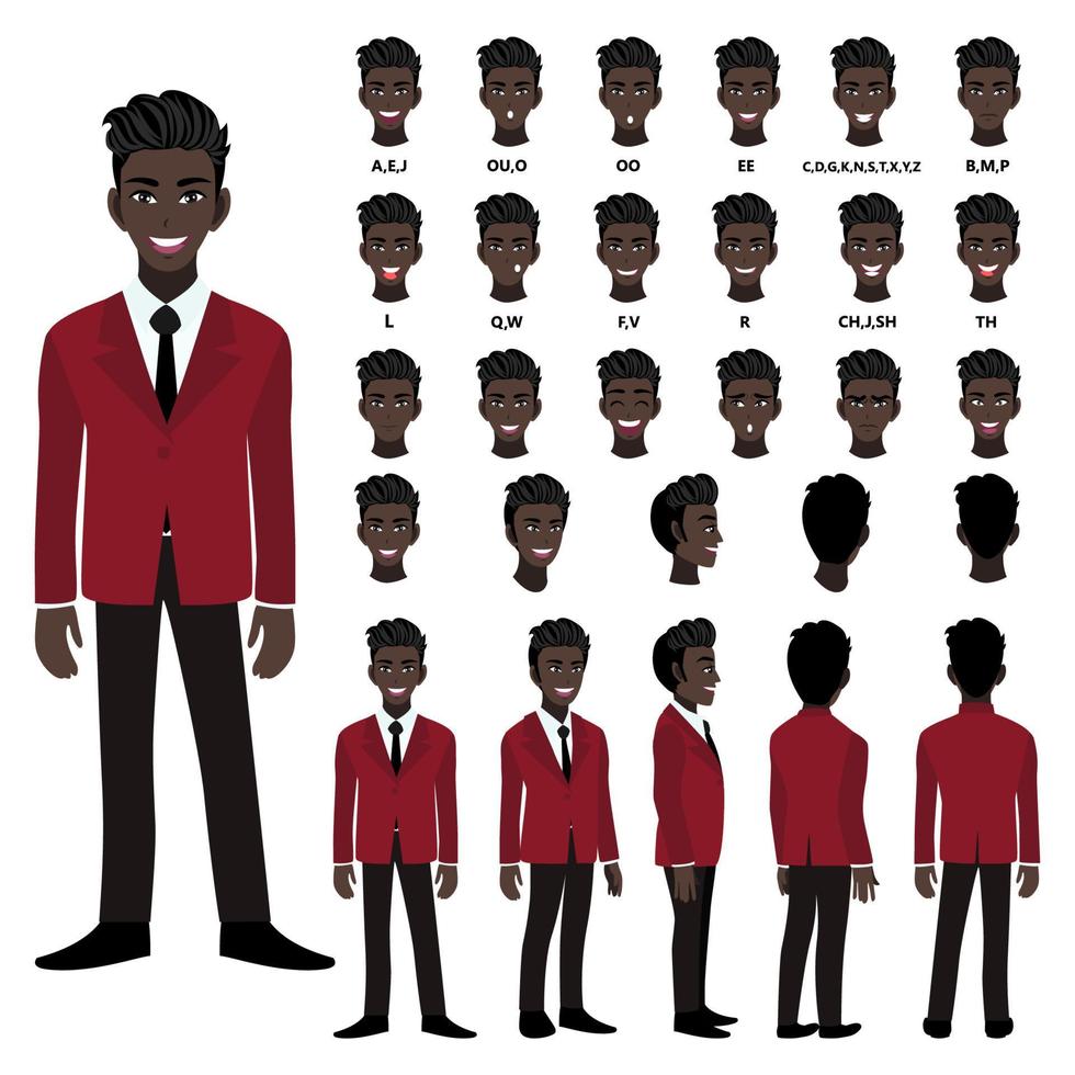 Cartoon character with African American business man in suit for animation. Front, side, back, 3-4 view character. Separate parts of body. Flat vector illustration.