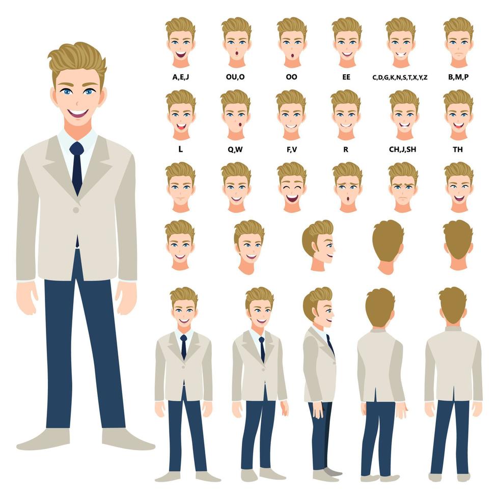 Cartoon character with business man in suit for animation. Front, side, back, 3-4 view character. Separate parts of body. Flat vector illustration.