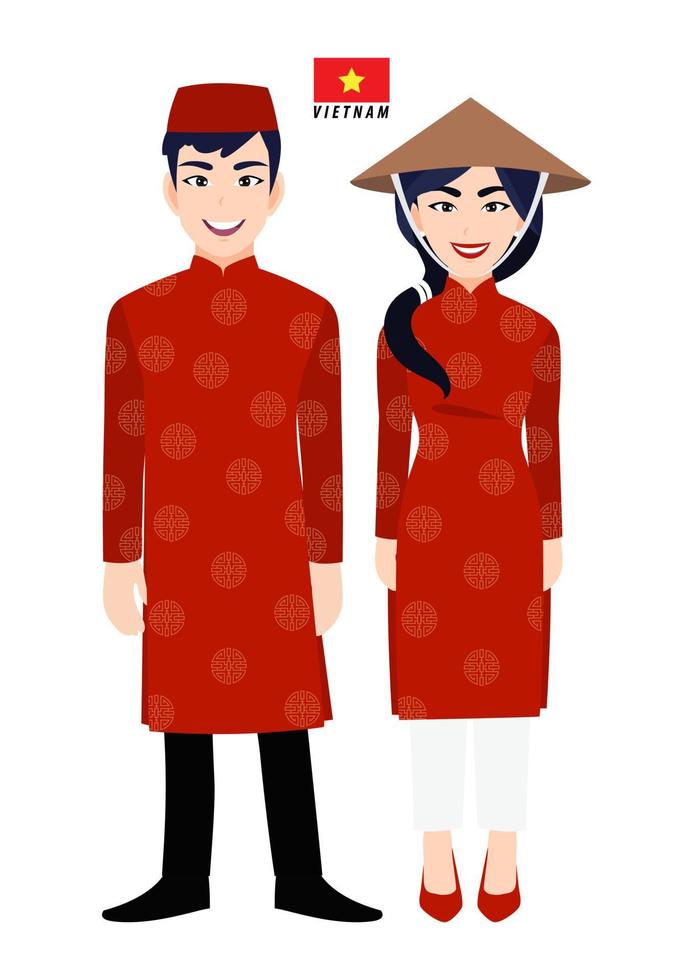 Couple of cartoon characters in Vietnam traditional costume vector