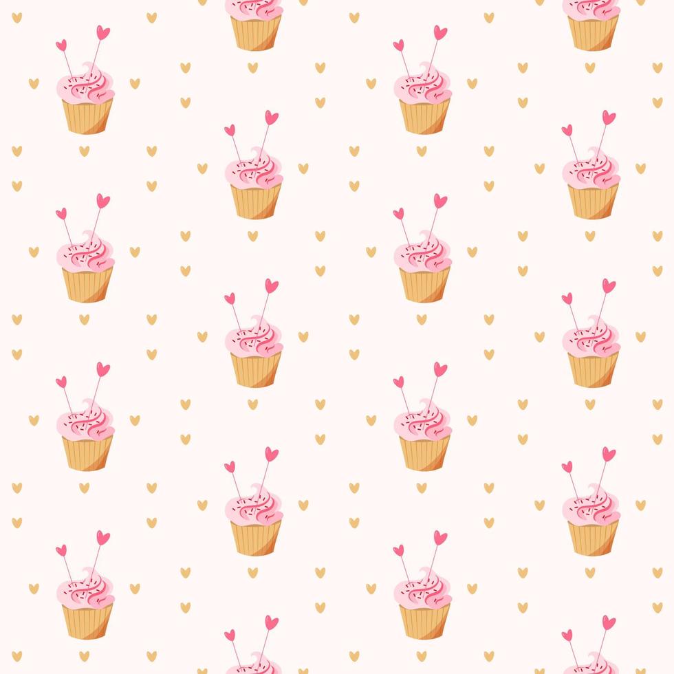 Cute seamless pattern with cupcakes and hearts on pink background. Love concept. Vector flat illustration.