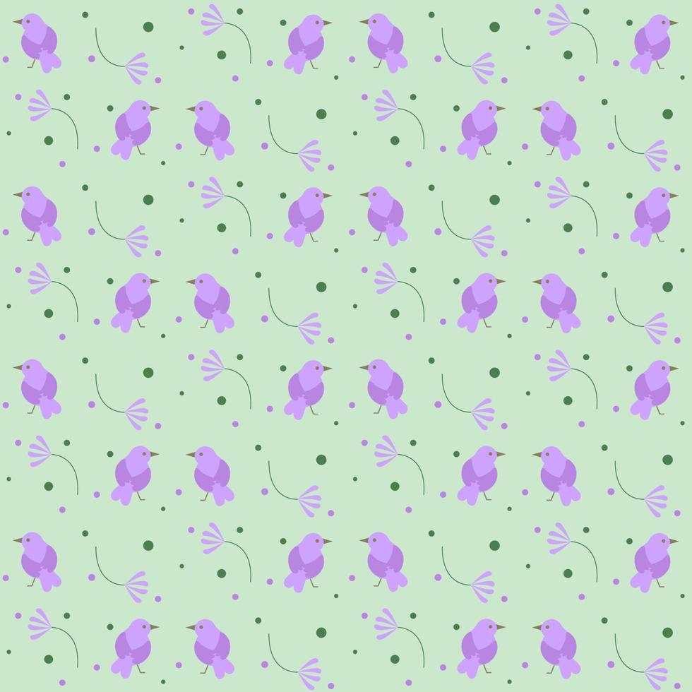 lindo vector de primavera sin costuras con pajaritos y flores en colores violeta y verde.