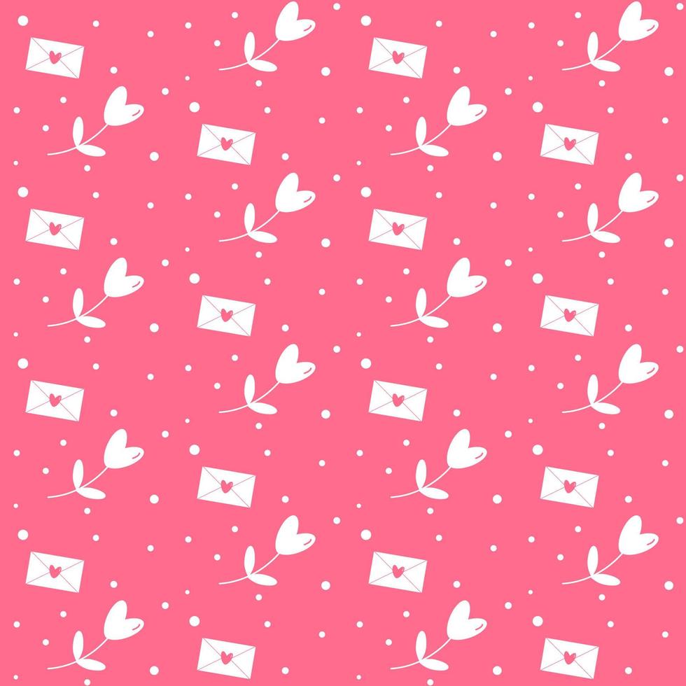 Cute romantic Valentine's seamless pattern with flower in heart shape, envelopes on pink background. Vector flat illustration.