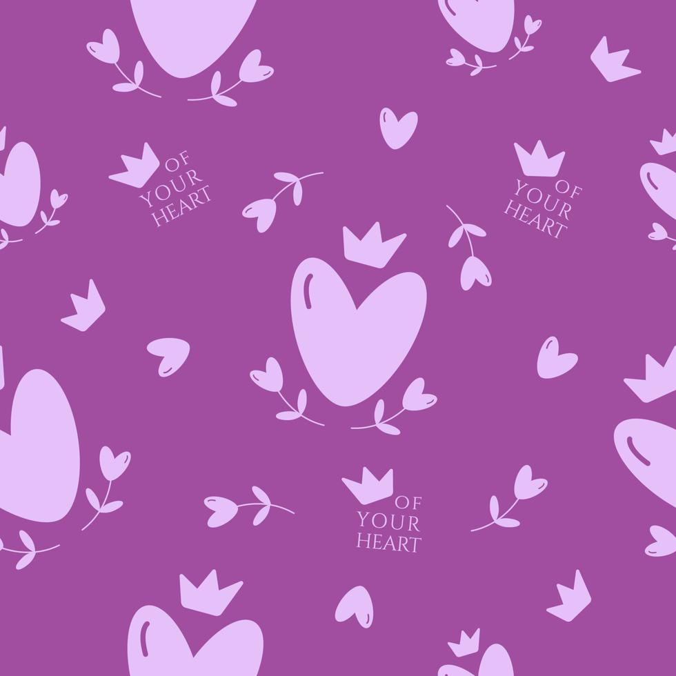 Cute seamless pattern with hearts, crowns, flowers in heart shape and title queen of your heart on purple background. Vector flat illustration