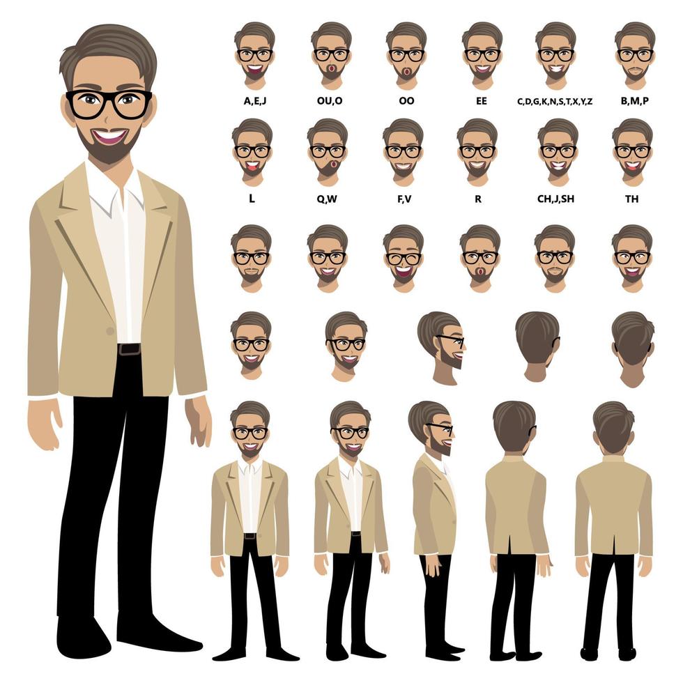 Cartoon character with business man in smart suit for animation. Front, side, back, 3-4 view character. Separate parts of body. Flat vector illustration.