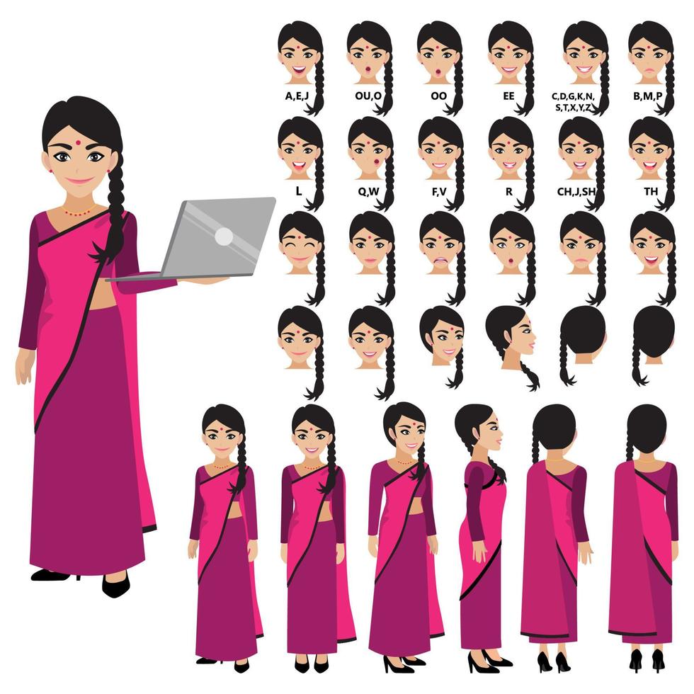 personaje de dibujos animados con una mujer de negocios india vestida de sari para animación. carácter de vista frontal, lateral, posterior, 3-4. partes separadas del cuerpo. ilustración vectorial plana. vector
