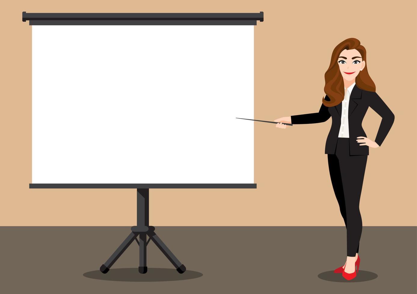 Cartoon character with businesswoman at a presentation. Flat icon vector