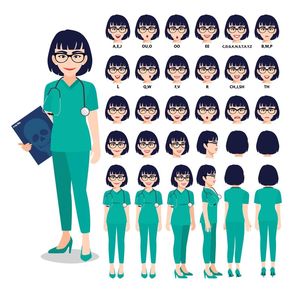 Cartoon character with professional doctor in smart uniform for animation. Front, side, back, 3-4 view character. Separate parts of body. Flat vector illustration.