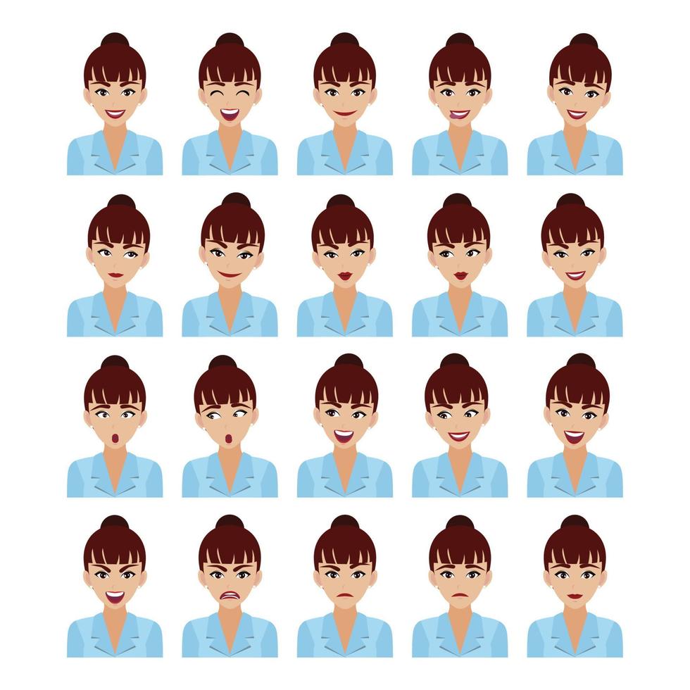 Business woman with different facial expressions set isolated ,beautiful business woman in office style smart suit in cartoon character style vector illustration