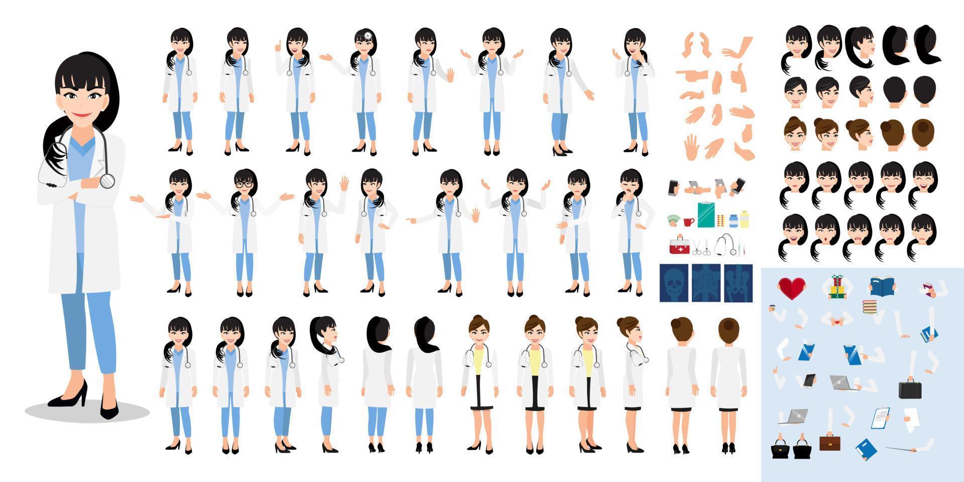 conjunto de personajes de dibujos animados de doctora, doctora en diferentes uniformes y poses, trabajadores médicos o personal del hospital. kit de bricolaje de dibujos animados de doctor en un vector de fondo blanco