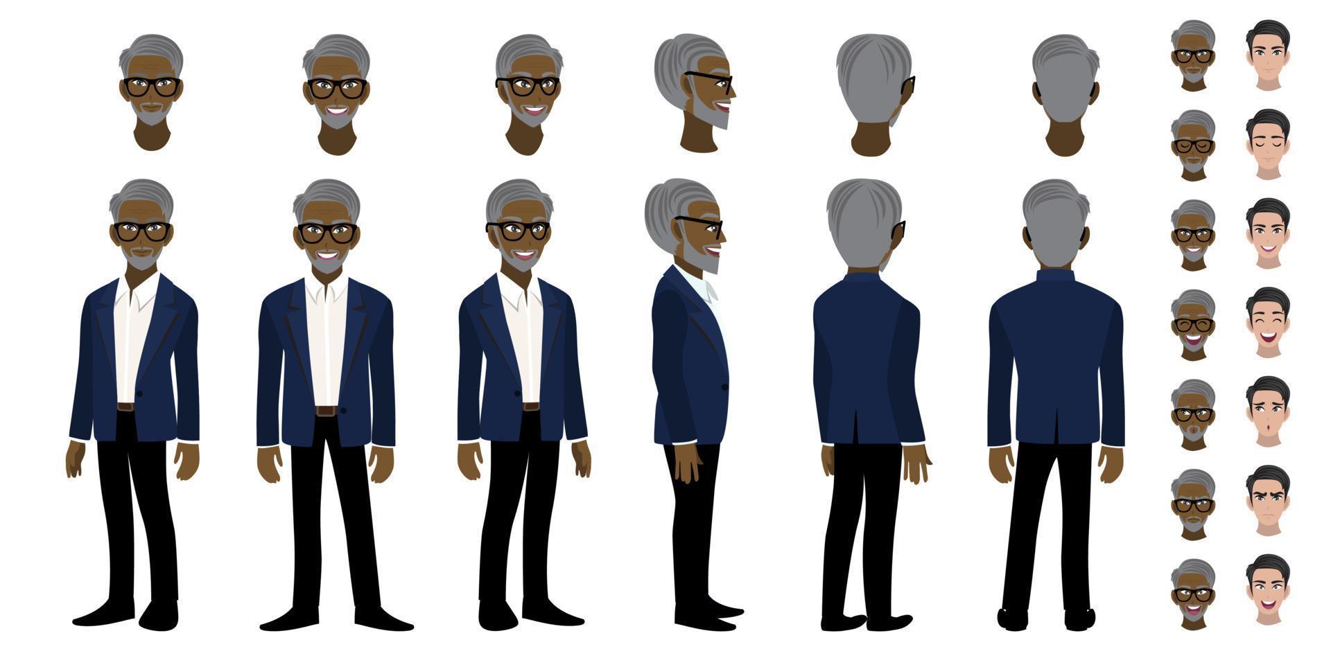 African American Professor cartoon character head set and animation. Front, side, back, 3-4 view character. Flat icon design vector
