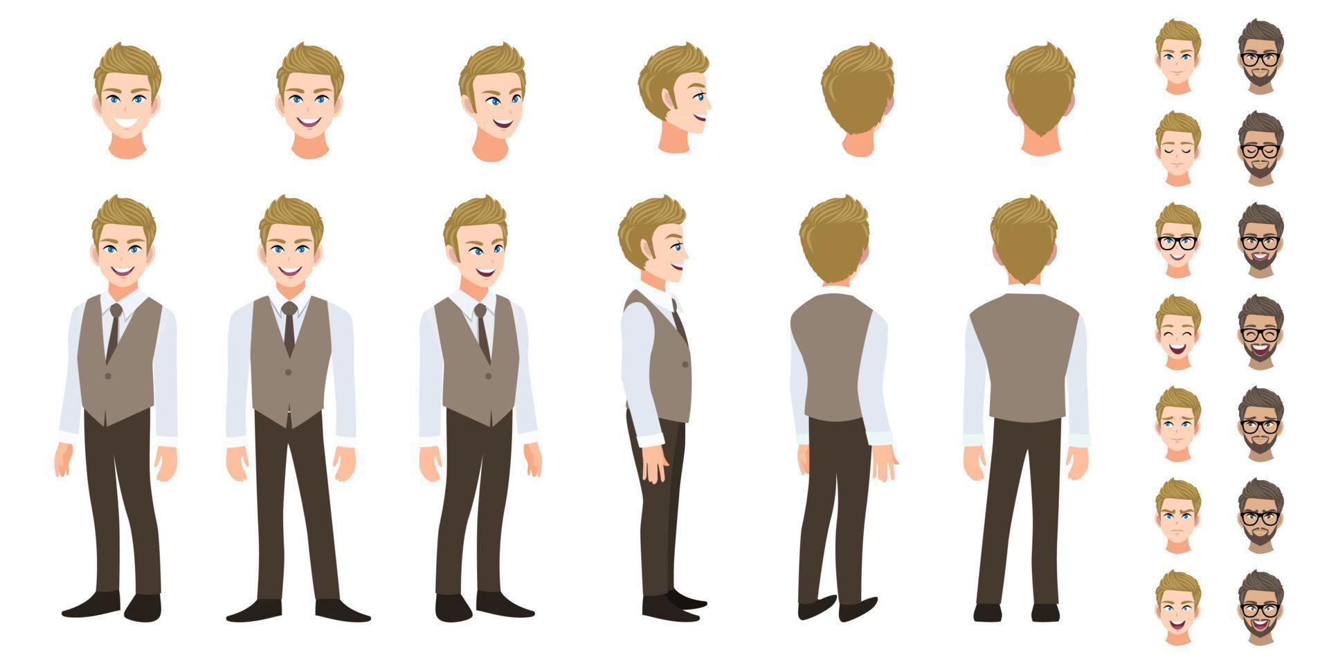 Businessman cartoon character head set and animation. Front, side, back, 3-4 view character. Flat icon design vector