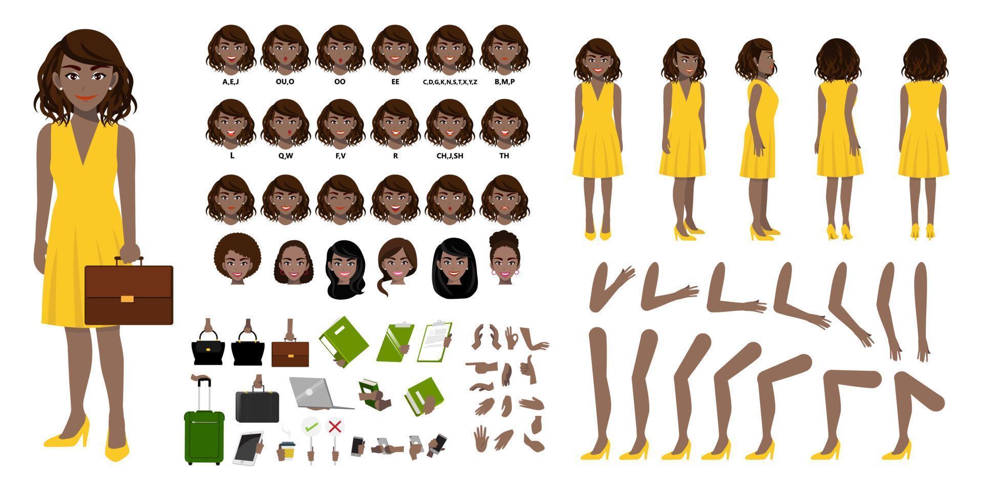 African American Businesswoman cartoon character creation set with various views, hairstyles, face emotions, lip sync and poses. Parts of body template for design work and animation. vector