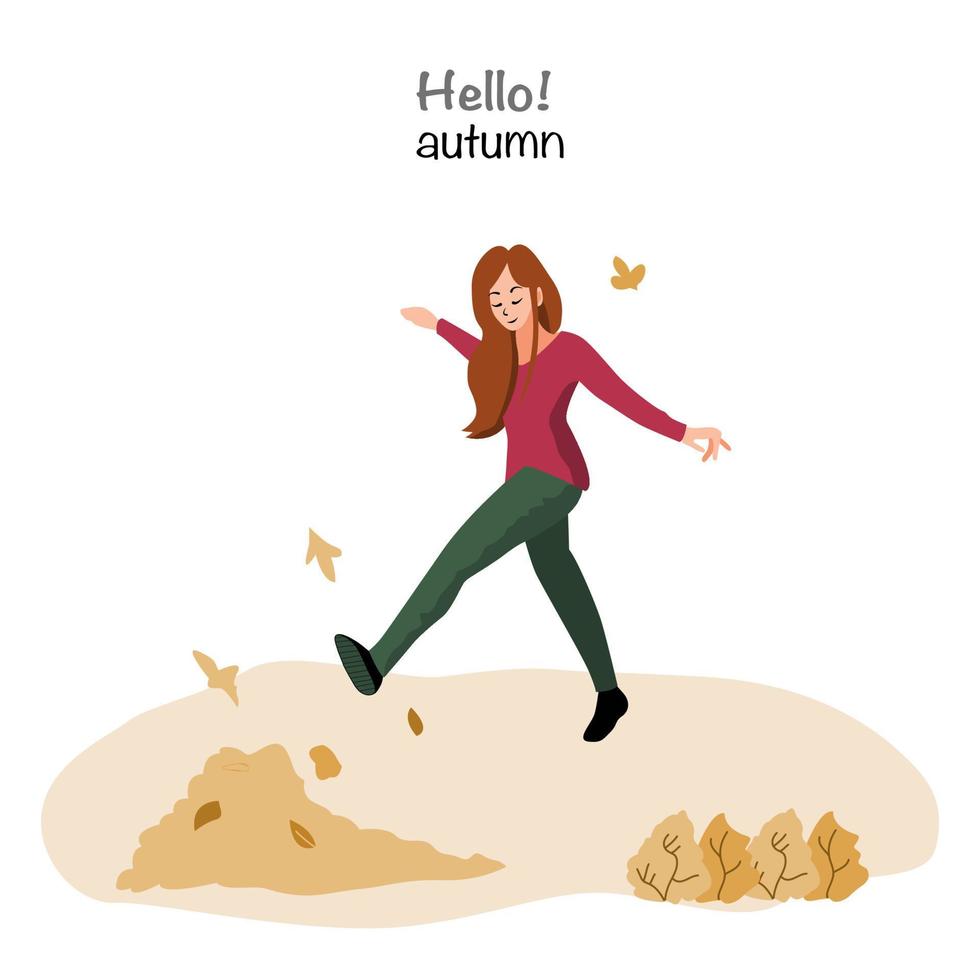 Lady in the autumn park having fun in autumn leaves background. Casual female in forest in fall vector