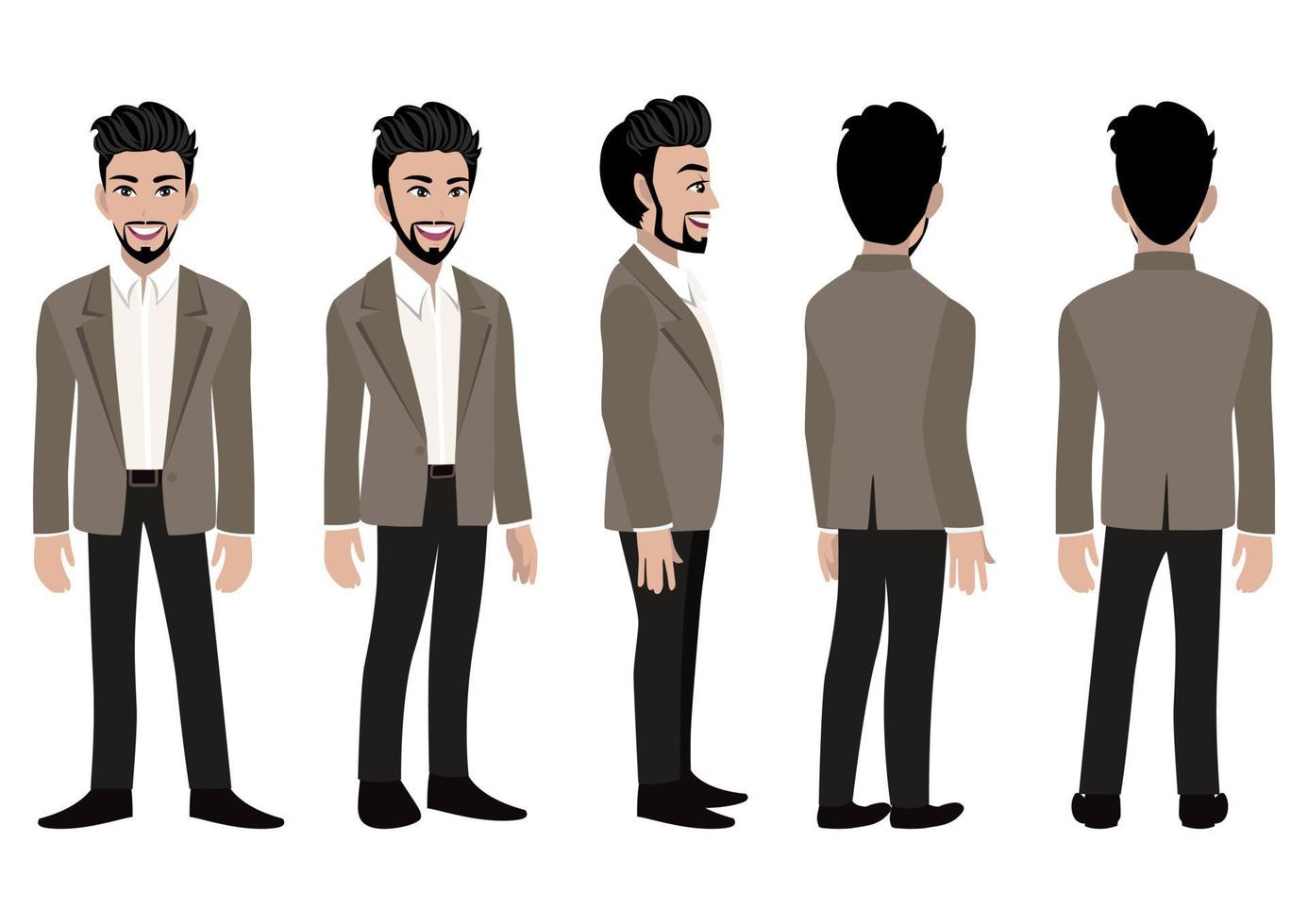 Cartoon character with business man in a smart suit for animation. Front, side, back, 3-4 view animated character. Flat vector illustration.