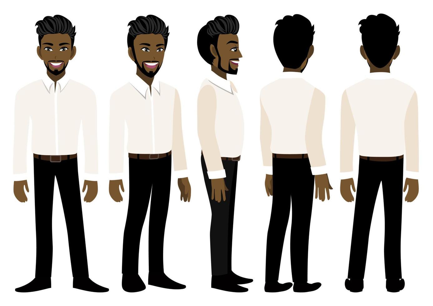 Cartoon character with American African business man in a smart shirt for animation. Front, side, back, 3-4 view animated character. Flat vector illustration.