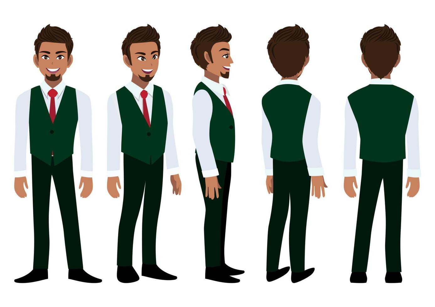 Cartoon character with American African business man in a smart shirt and waistcoat for animation. Front, side, back, 3-4 view animated character. Flat vector illustration.