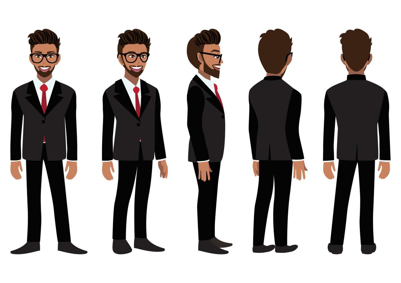 personaje de dibujos animados con un hombre de negocios africano americano con un traje negro para la animación. personaje animado de vista frontal, lateral, posterior, 3-4. ilustración vectorial plana. vector