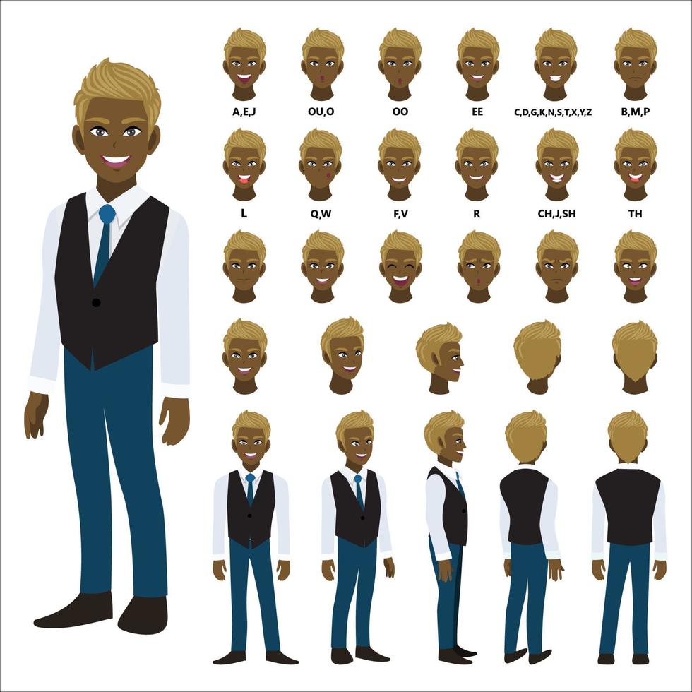 Cartoon character with African American business man in smart shirt and  waistcoat for animation. Front, side, back, 3-4 view character. Separate  parts of body. Flat vector illustration. 5273249 Vector Art at Vecteezy