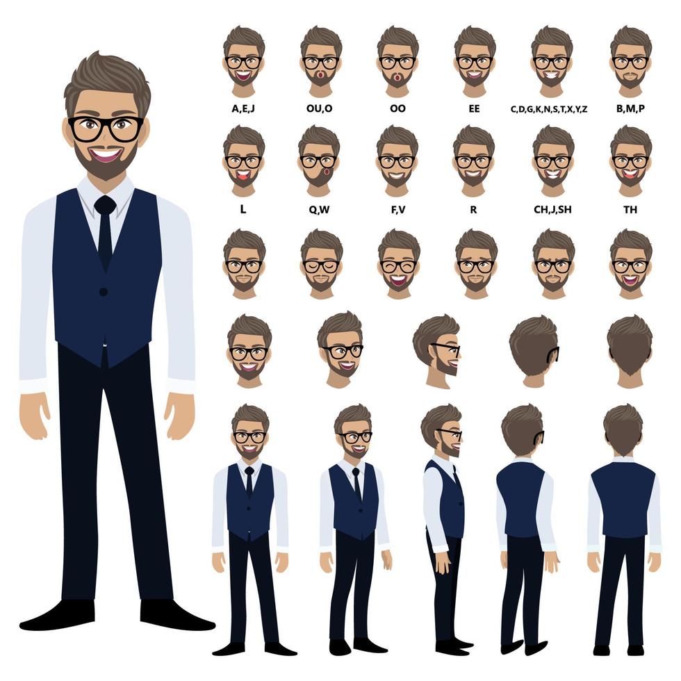 personaje de dibujos animados con hombre de negocios en camisa inteligente y chaleco para animación. carácter de vista frontal, lateral, posterior, 3-4. partes separadas del cuerpo. ilustración vectorial plana. vector