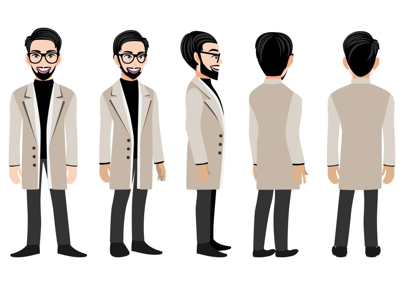 Cartoon character with business man in a long coat for animation. Front, side, back, 3-4 view animated character. Flat vector illustration.