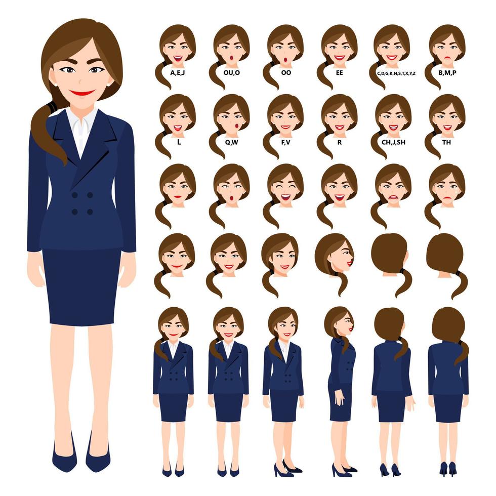 Cartoon character with business woman in suit for animation. Front, side, back, 3-4 view character. Separate parts of body. Flat vector illustration.