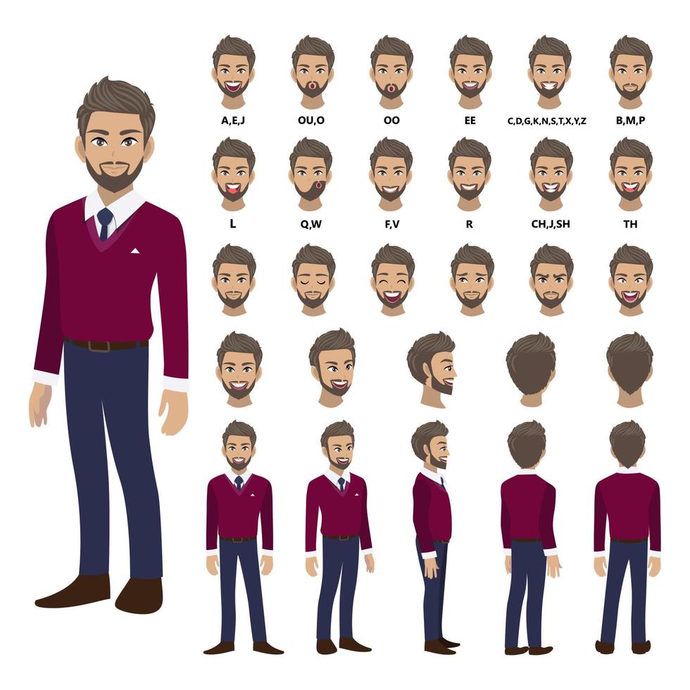 Cartoon character with business man in purple sweater shirt for animation. Front, side, back, 3-4 view character. Separate parts of body. Flat vector illustration.