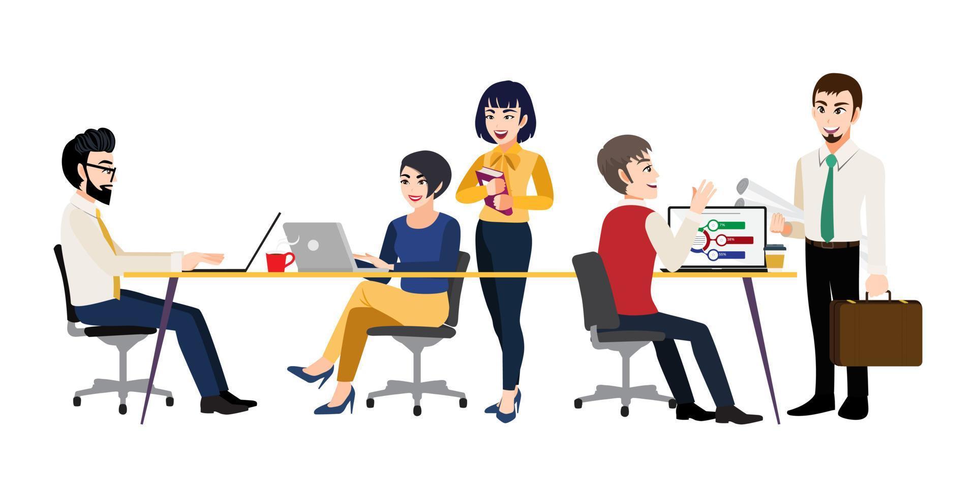 personaje de dibujos animados con hombres y mujeres sentados en el escritorio y parados en la sala de reuniones, trabajando en computadoras y hablando con colegas. trabajo en equipo efectivo y productivo. ilustración vectorial vector