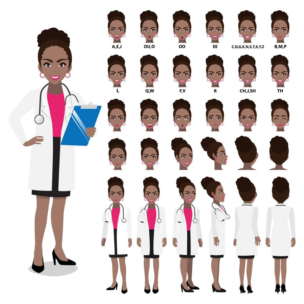 Cartoon character with African American professional doctor in smart uniform for animation. Front, side, back, 3-4 view character. Separate parts of body. Flat vector illustration.