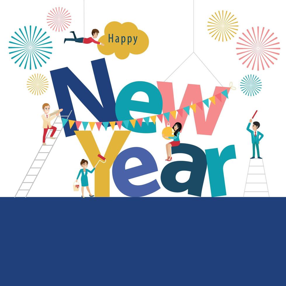 Happy new year banner with cartoon character flat icon style in white background vector 174