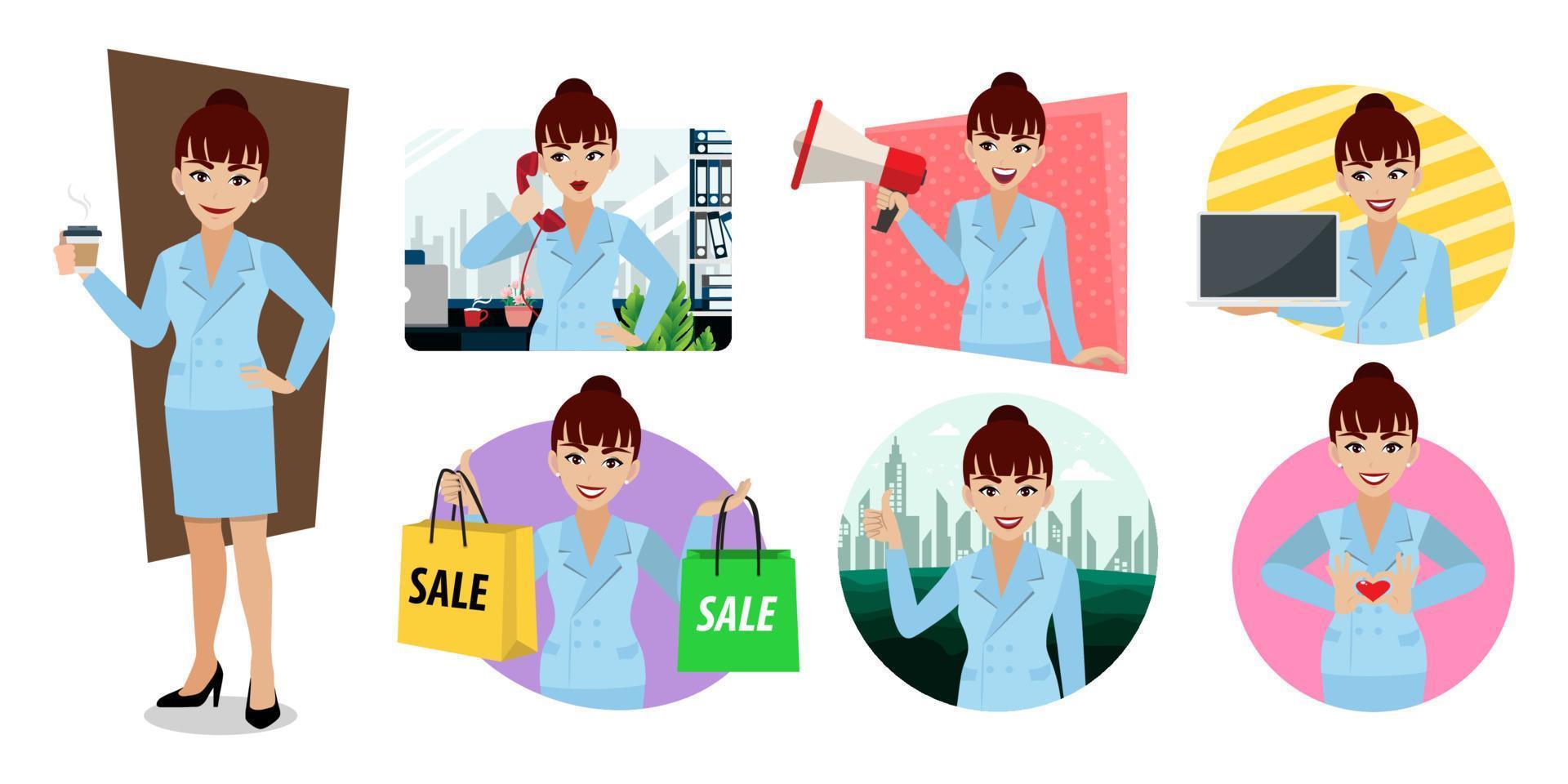Businesswoman cartoon character set. Beautiful business woman in blue color suit on white background. Vector illustration
