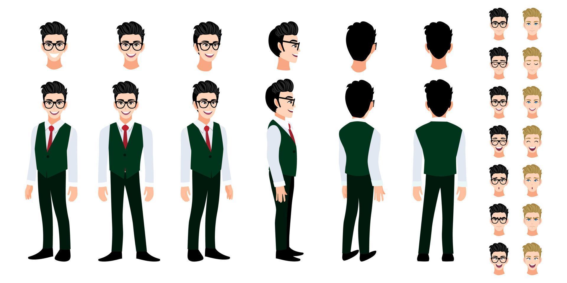 University student cartoon character head set and animation. Front, side, back, 3-4 view character. Flat icon design vector