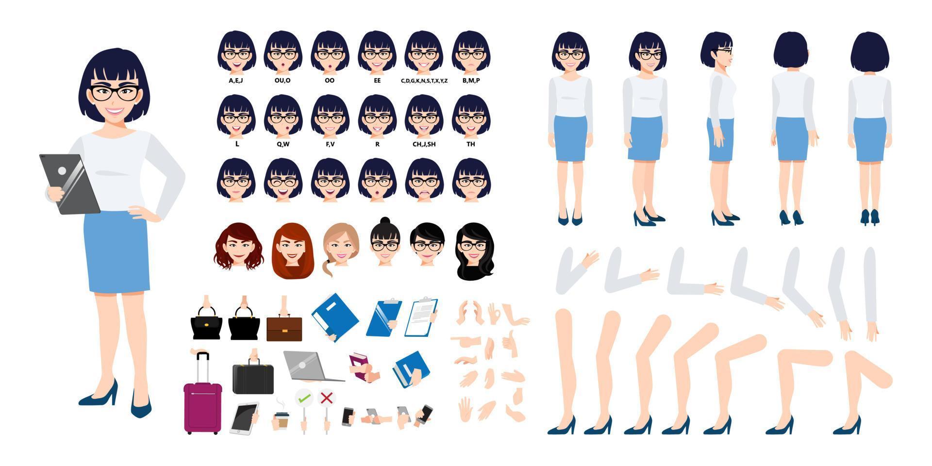 Chinese Businesswoman cartoon character creation set with various views, hairstyles, face emotions, lip sync and poses. Parts of body template for design work and animation. vector