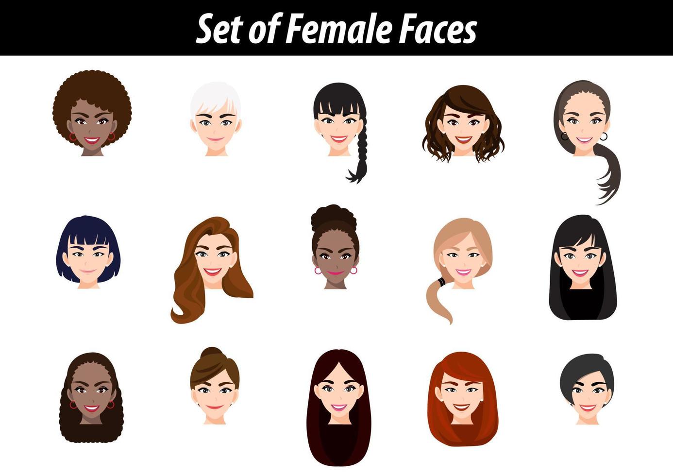 Set of female face avatar portraits isolated on white background. International women people heads flat vector illustration.