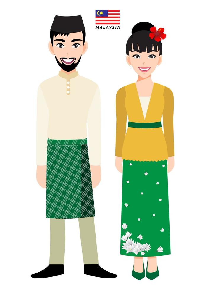 Couple of cartoon characters in Malaysia traditional costume vector