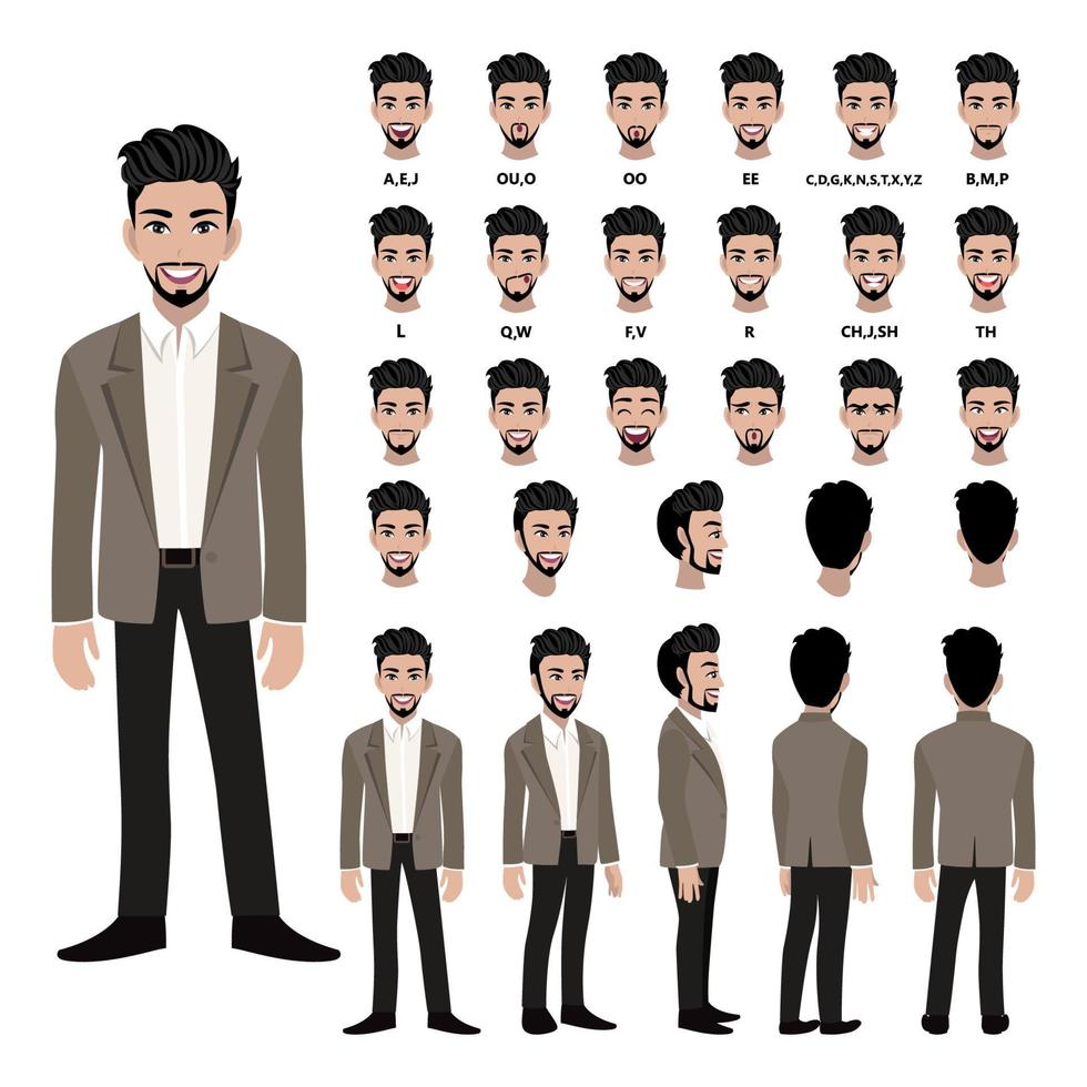 personaje de dibujos animados con hombre de negocios en traje de animación. Carácter de vista frontal, lateral, posterior, 3-4. partes separadas del cuerpo. ilustración vectorial plana. vector