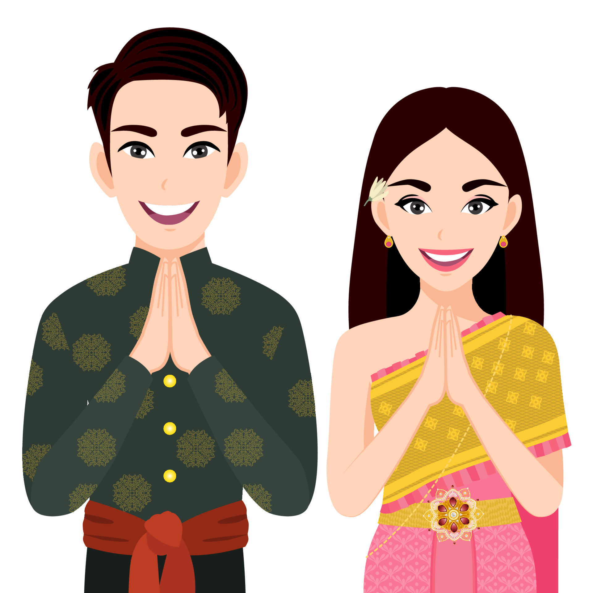Male and female in traditional costume, thai greeting Sawasdee cartoon  character vector 288 5273296 Vector Art at Vecteezy