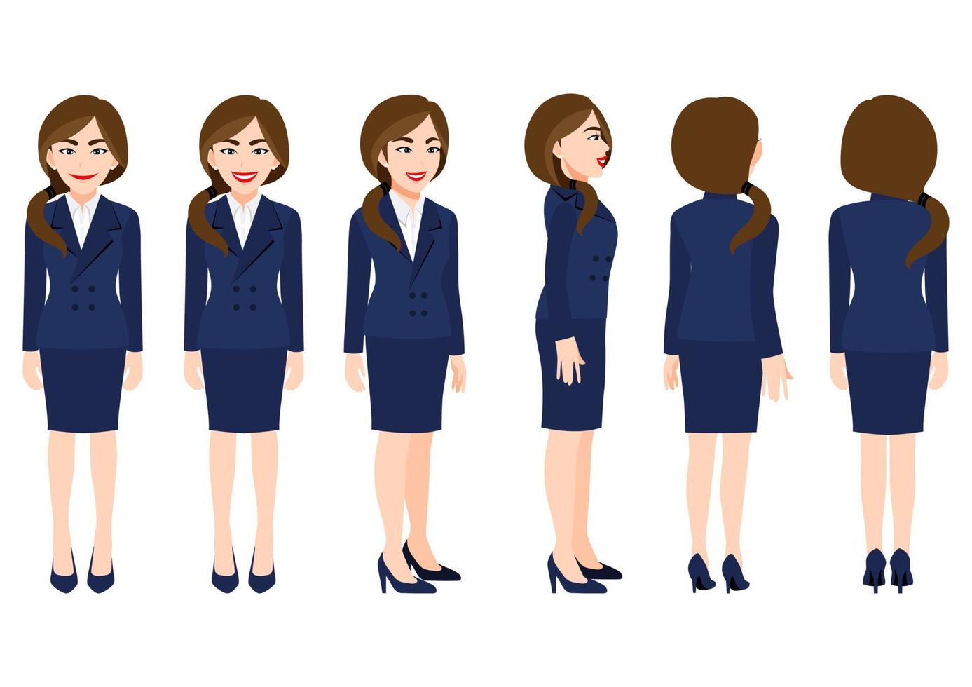 personaje de dibujos animados con mujer de negocios en traje de animación. Carácter de vista frontal, lateral, posterior, 3-4. ilustración vectorial plana. vector