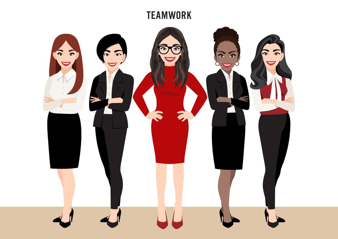 personaje de dibujos animados con equipo de negocios o concepto de liderazgo con mujeres empresarias. ilustración vectorial en estilo de dibujos animados. vector